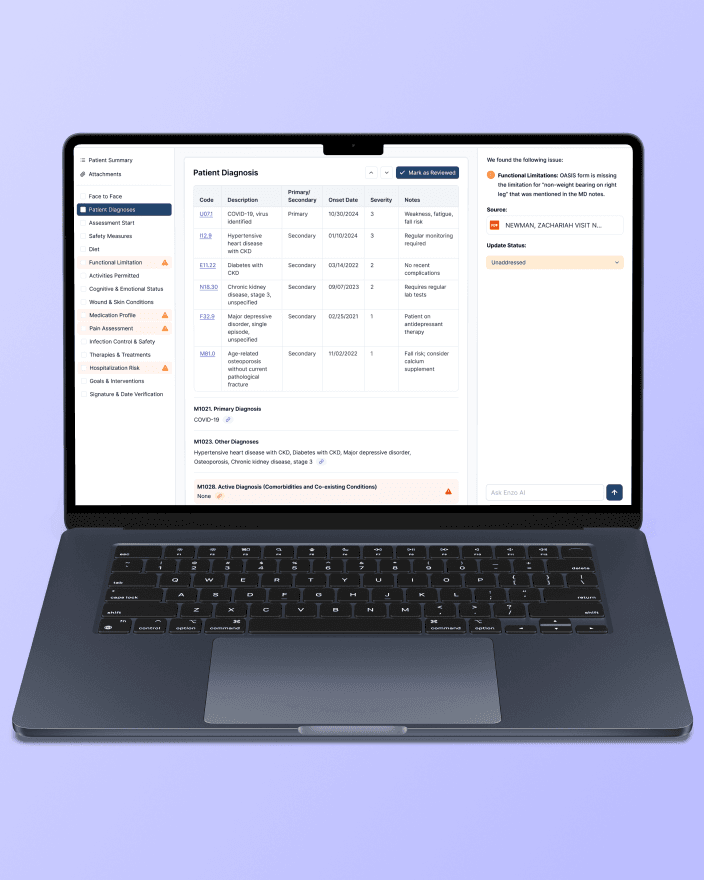 Clinician reviewing AI clinical documentation home health note before EHR submission